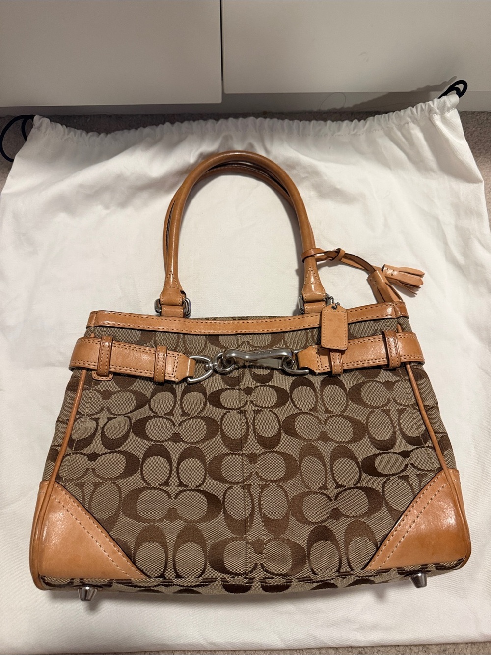 Coach Brown Signature Canvas Shoulder Bag with Tan Leather Trim